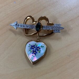Vintage Gold Heart and Arrow Brooch with Floral Pendant. 2” long